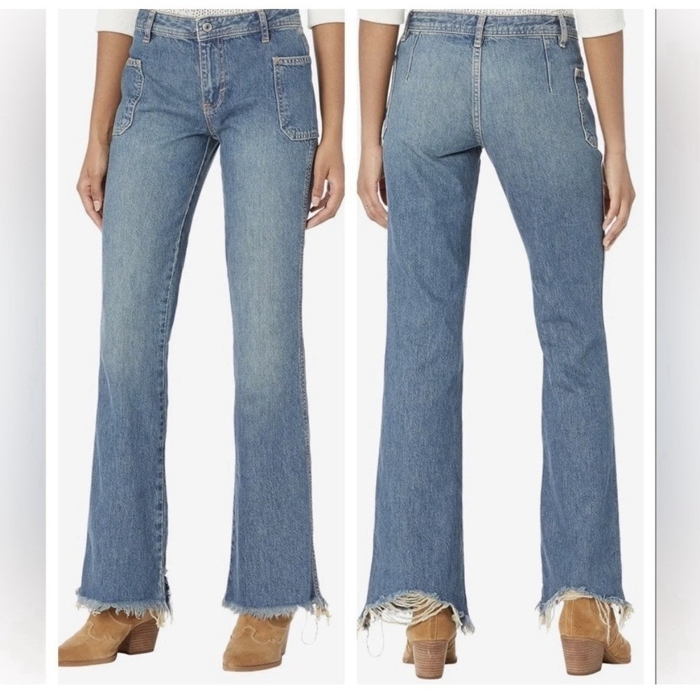 Free People We The Free Izzy‎ Flare Stretch Denim Jeans Raw Hem Boho Size 29